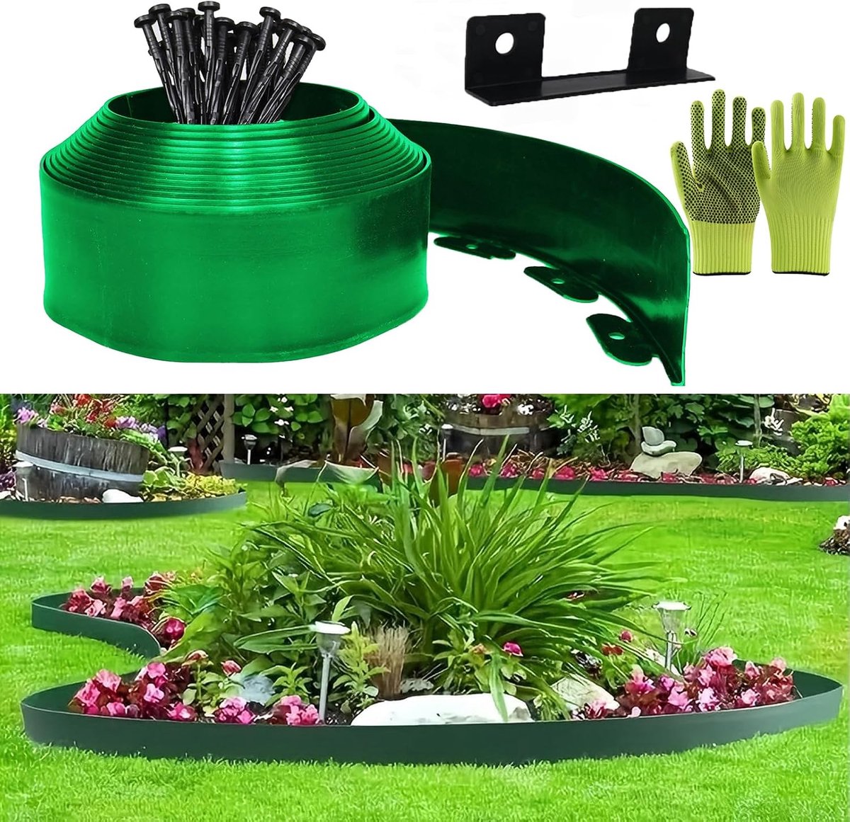 Randrand voor tuin, flexibel, kunststof, 10 x 10 m, bevat 30 ankerpunten en 1 connectoren inbegrepen, met een paar handschoenen, decoratieve tuinranden (groen, 10 cm x 10 m)