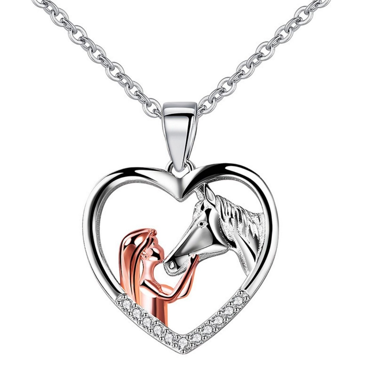 Metalen ketting– 40+5 cm– Ketting met hartvorm – Hanger van meisje en paard – Ketting – Ketting in meisjesstijl – Ketting voor paardenliefhebbers en meisjes – Roségoud – Hanger – Choker – Ketting met hanger – Halssieraad