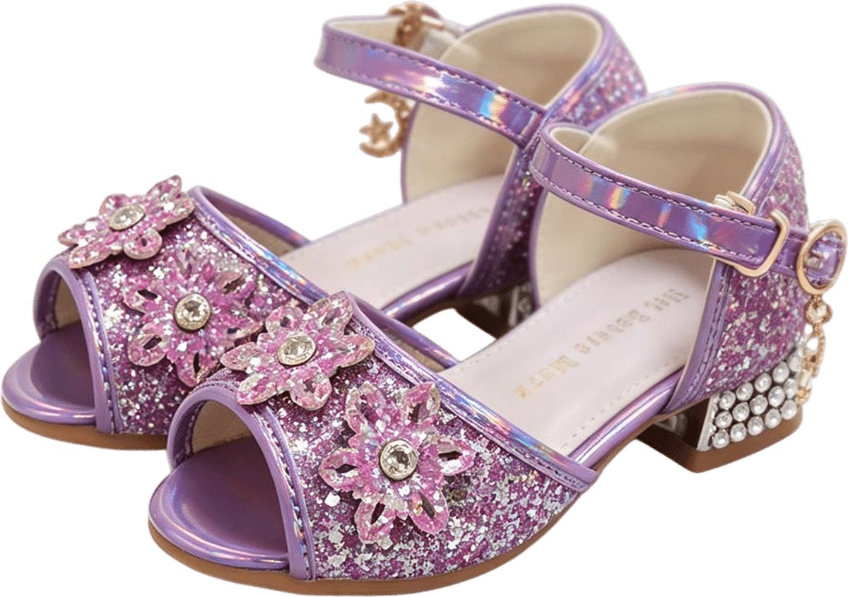 Prinsessen schoenen - met hakje - voor bij je prinsessenjurk - inclusief toverstaf, prinsessen kroon - maat 31 - paarse prinsessen schoenen plastic