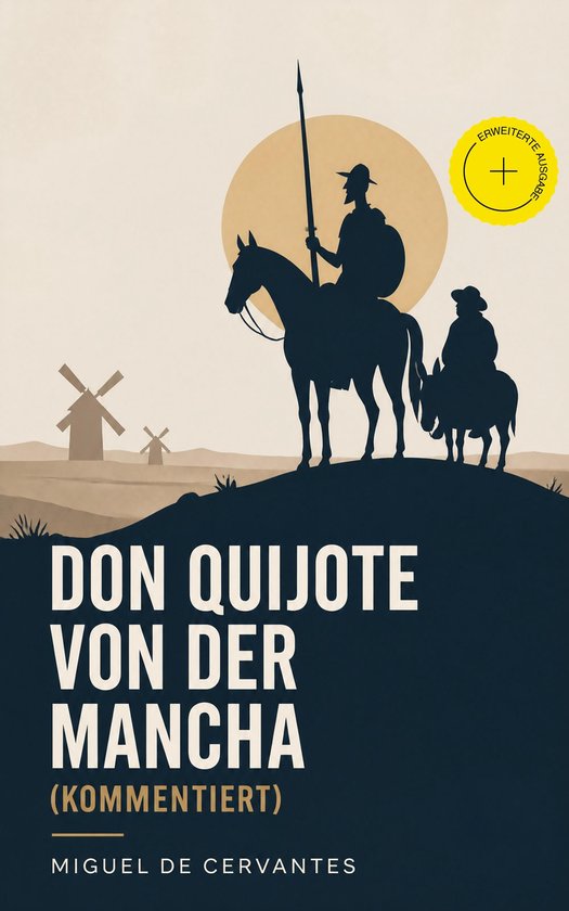 Couverture de livre avec Don Quichotte et Sancho Panza à cheval, avec des moulins à l'arrière-plan. Titre : DON QUIJOTE VON DER MANCHA.