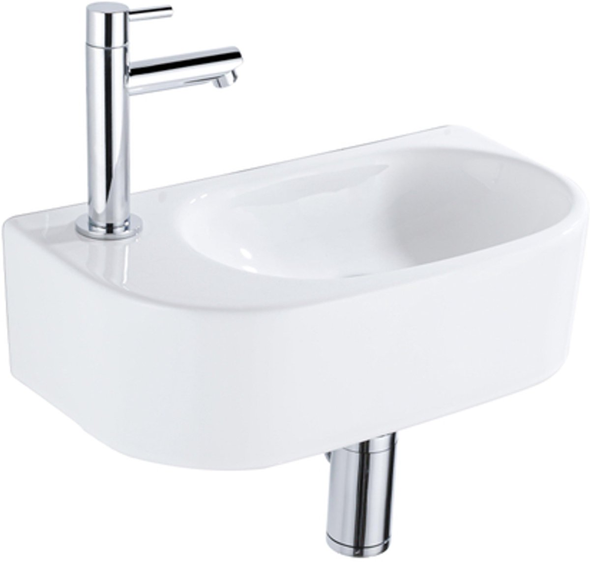 QeramiQ Fuente Fonteinset - 40x21.5x12cm - links - glad - halfrond - 1 kraangat - keramiek - fonteinkraan chroom - afvoerplug - verlaagd sifon - wit glans