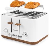 Witte Salter broodrooster met houtkleurige accenten, 4 sleuven, met 2 croissants.
