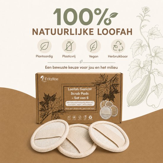 Een Fritzline doos met loofah gezicht scrub pads. Drie pads met lus liggen vooraan. Tekst: 100% Natuurlijke Loofah. Plantaardig, plasticvrij, vegan, herbruikbaar.