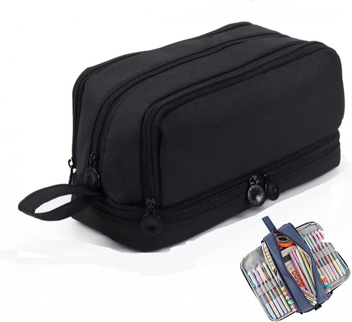 KZQ Grote Pencilcase met 4 Gescheiden Vakken en Indexlabels, Multifunctionele Etui voor Schoolbenodigdheden, Geschikt als Cadeau-Zwart