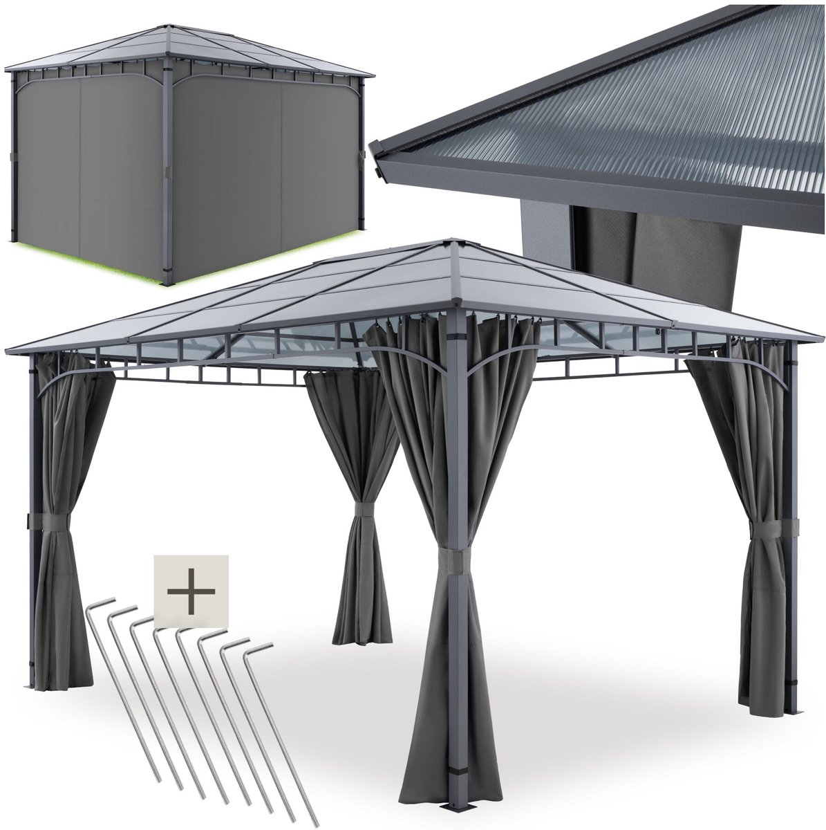 tectake® Tuinpaviljoen - 4 x 3 m - Aluminium Frame - Weerbestendig - 30+ UV-Bescherming - Partytent met Zijwanden - Paviljoen - Gazebo - Inclusief 8 Haringen