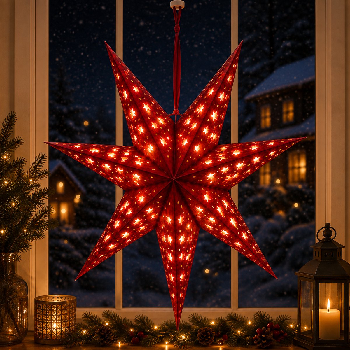 Benza – Hangende Kerstster – Rood – Ø 60 cm – Fluweelzachte Afwerking – Warm Wit LED – Timerfunctie – Werkt op Batterijen – Voor Binnen