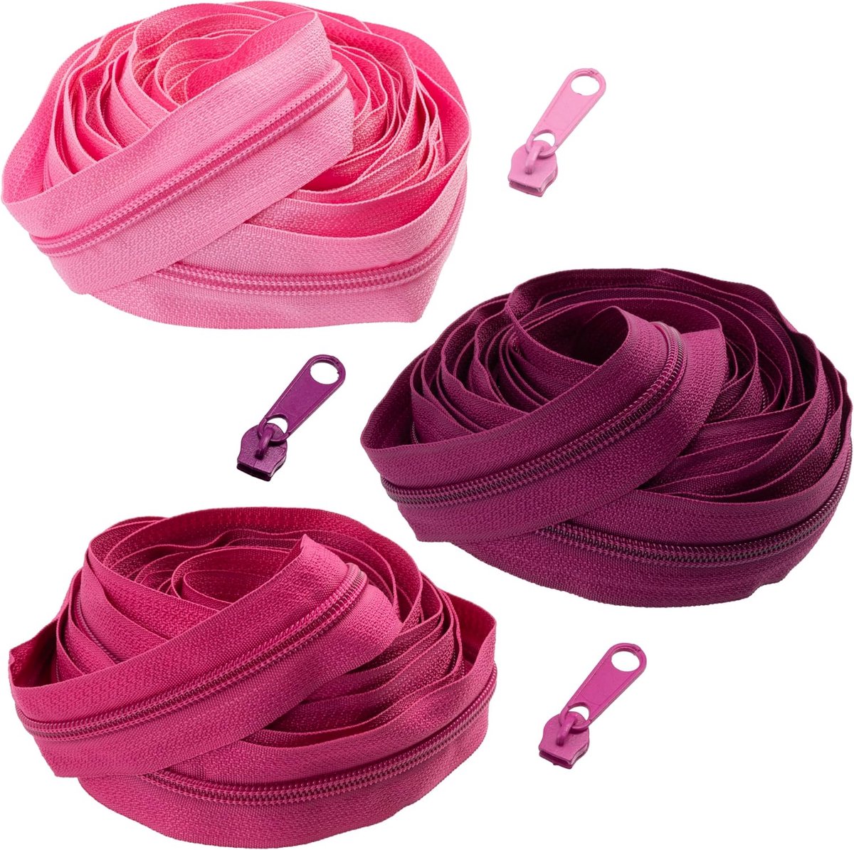 - Spiraalrits kit 3x5 m N°5 hoofdkleur magenta + 45 metalen schuivers N°5 zonder vergrendeling – naaien hobby creatief project decoratie