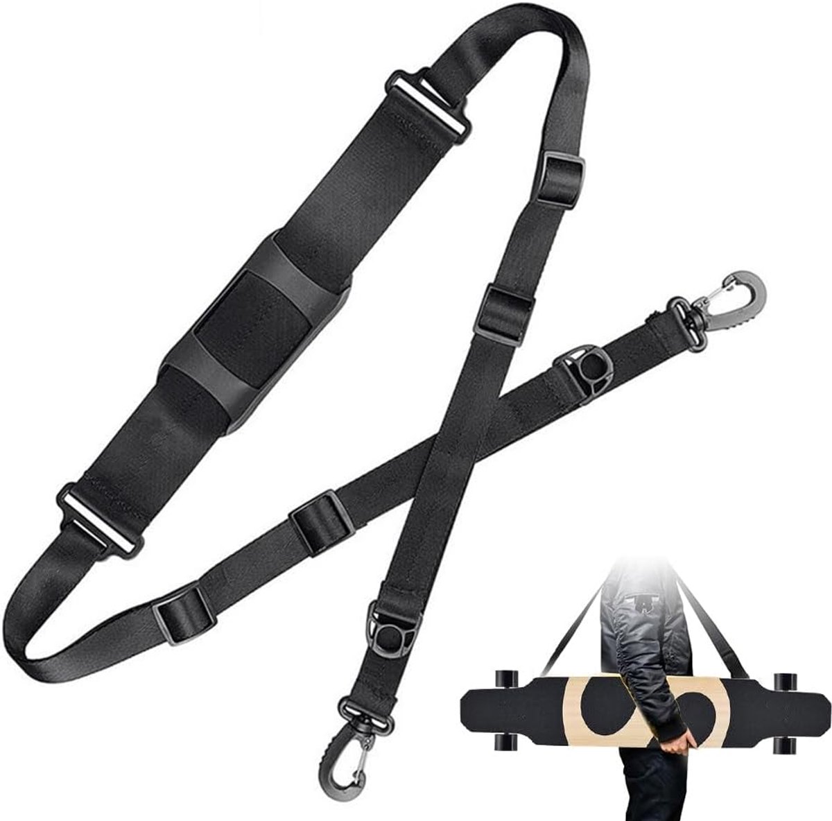 Skateboard Schouderdrager, Skateboard Draagriem, Snowboardriem, Geschikt voor Skateboards, Longboards, Snowboards, Elektrische Scooters, Yogamatten, Vouwfietsen, Zwart