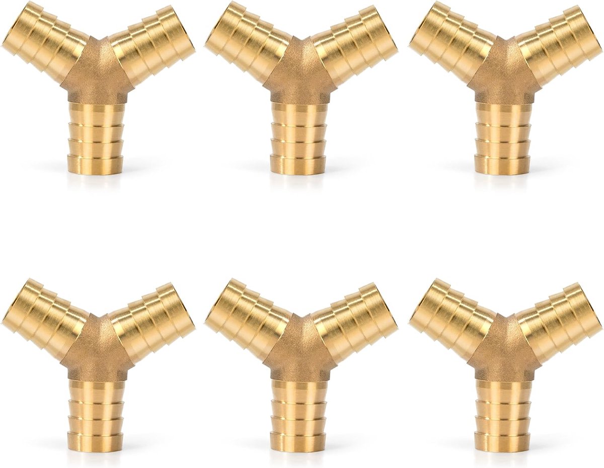 6 stuks messing slangtules, 16 mm rechte slangtule, 3-weg rechte slangschroefverbinding brandstofleiding connector slangaansluiting rechte weerhaken spliter mender voor water, brandstof en lucht