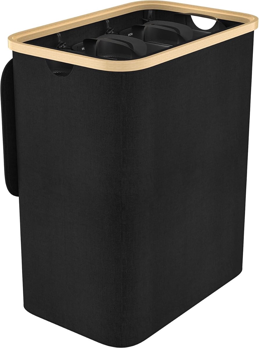 Waskorf met 3 Compartimenten, Wassenbak met Deksel, 140L, Smalle Wassenbox, Opvouwbare Wasmand, Wasmand Sorteren, Waskist, Laundry Hamper (Zwart)