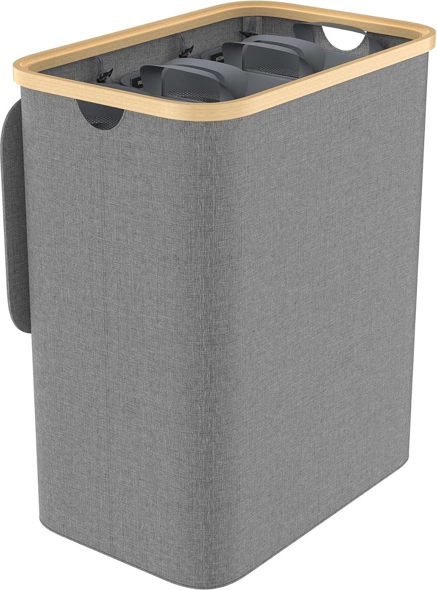 Waskorf met 3 Compartimenten, Wassenbak met Deksel, 140L, Smalle Wassenbox, Opvouwbare Wasmand, Wasmand Sorteren, Waskist, Laundy Hamper (Grijs)