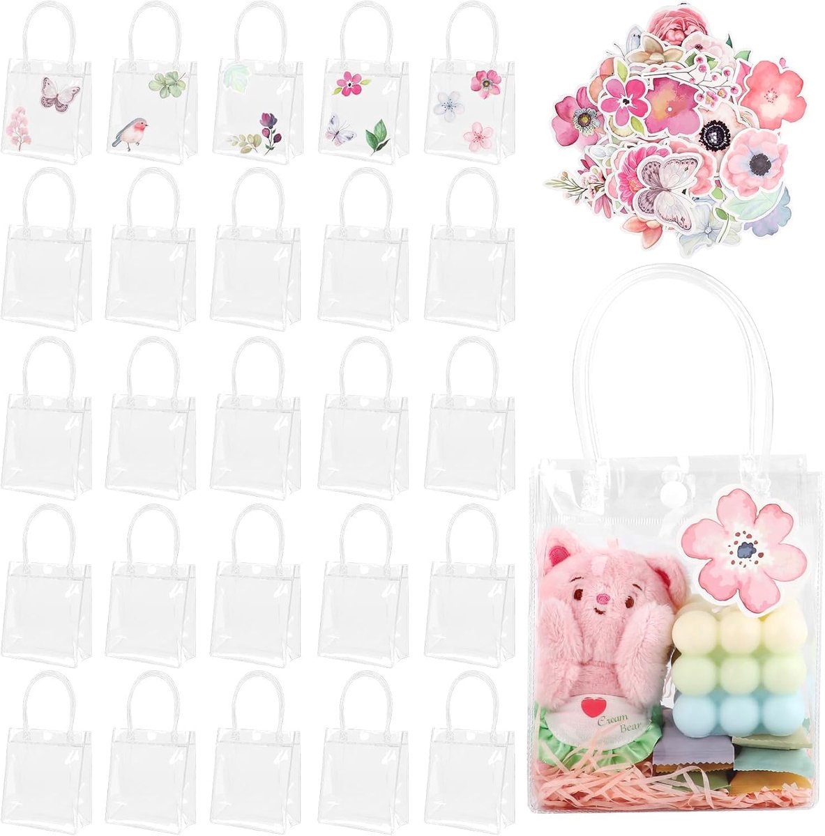40 stk doorzichtige geschenkzakjes met handvatten en bloemvogelstickers, 15,5 x 13 x 7 cm herbruikbare PVC-draagtassen transparante verpakkingszak voor boodschappen, lekkernijen, boetiek, bruiloft