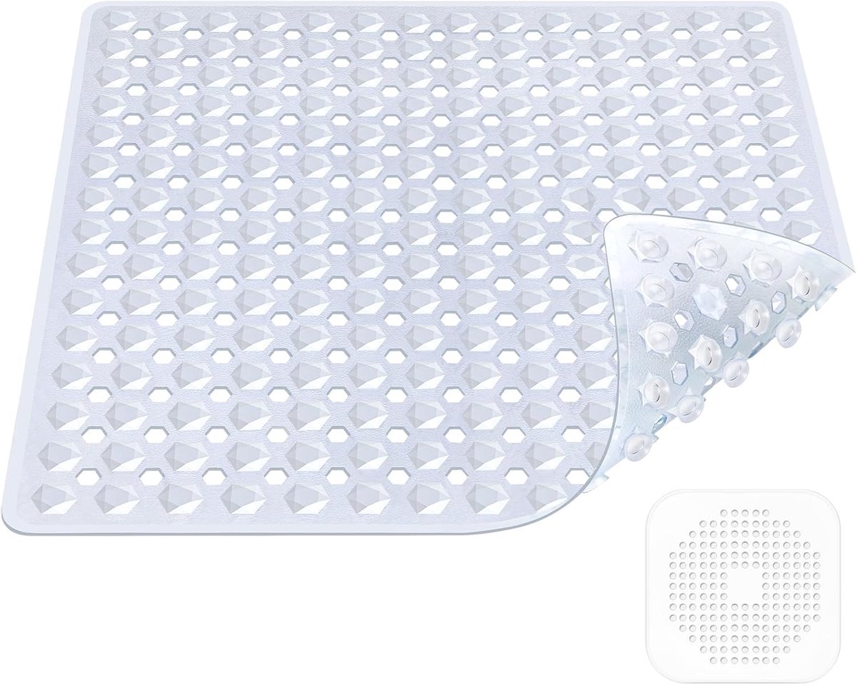 antislip, 53 x 53 cm, 100% BPA-vrij, inclusief 2 haken om op te hangen, 1 afvoerzeef, siliconen, antislipmat, douche, machinewasbaar, schimmelbestendig, huidvriendelijk (transparant)