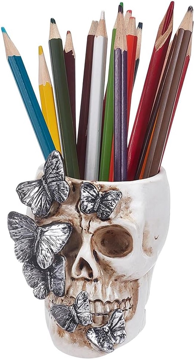 Planter Pen Houder Spooky Goth Bureau Accessoires Make-up Borstel Organizer Badkamer Opslag Houder met Zilveren Vlinder voor Halloween Decoratie Bureau Kantoor Organizer
