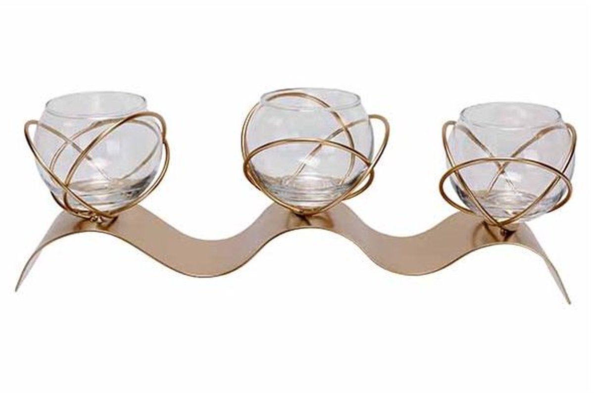 Theelichthouder 3x Glass Cup 5,5cmx6,5cm Goud 29x7xh8cm Langwerpig Metaal