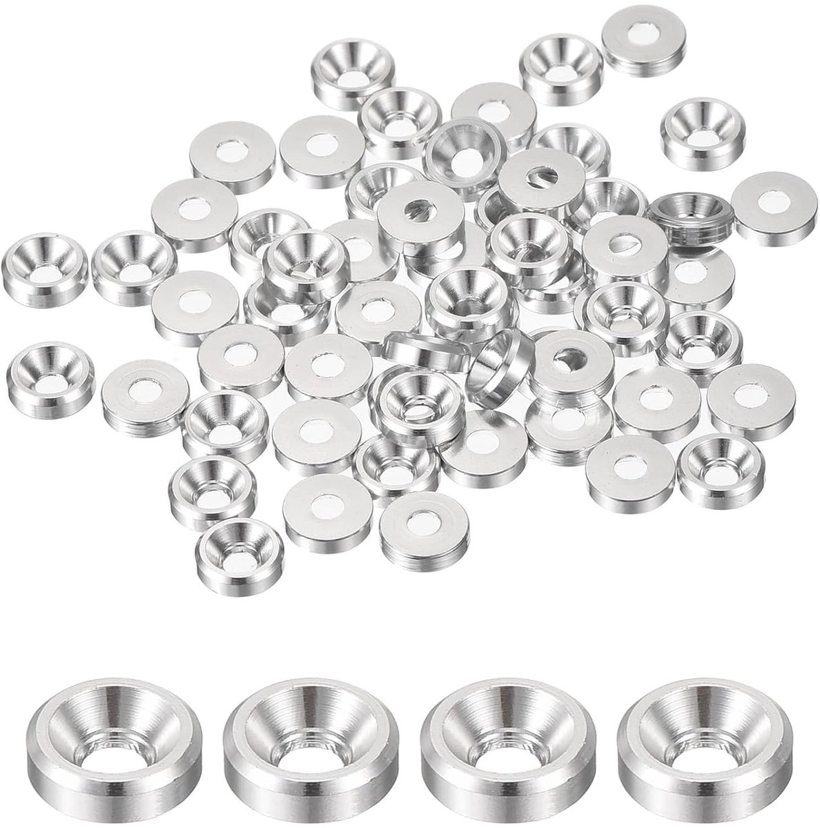 M2 kegelbeker verzonken schijven, geanodiseerde aluminium afdichtingen kegelkop sluitring afdichting voor schroef RC/FPV/PC/drone/mechanische accessoires, verpakking van 60 (zilver)