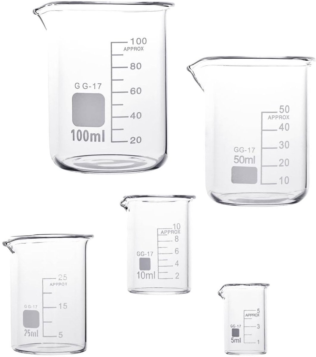 SnelShoppen - Set van 5 Borosilicaat Glazen Bekers - Laboratorium Bekers - Hittebestendig Glas - Maat 5ml, 10ml, 25ml, 50ml, 100ml - Ideaal voor Keuke
