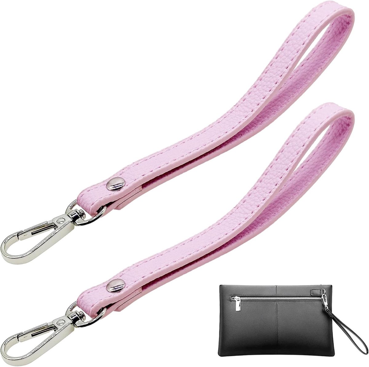 2 stuks polsbanden van leer, 20 cm lang, leren polsband, vervanging voor clutch, portemonnee, sleutels, sleutelhanger, tas, doe-het-zelf, zilver, roze., Leren polsband