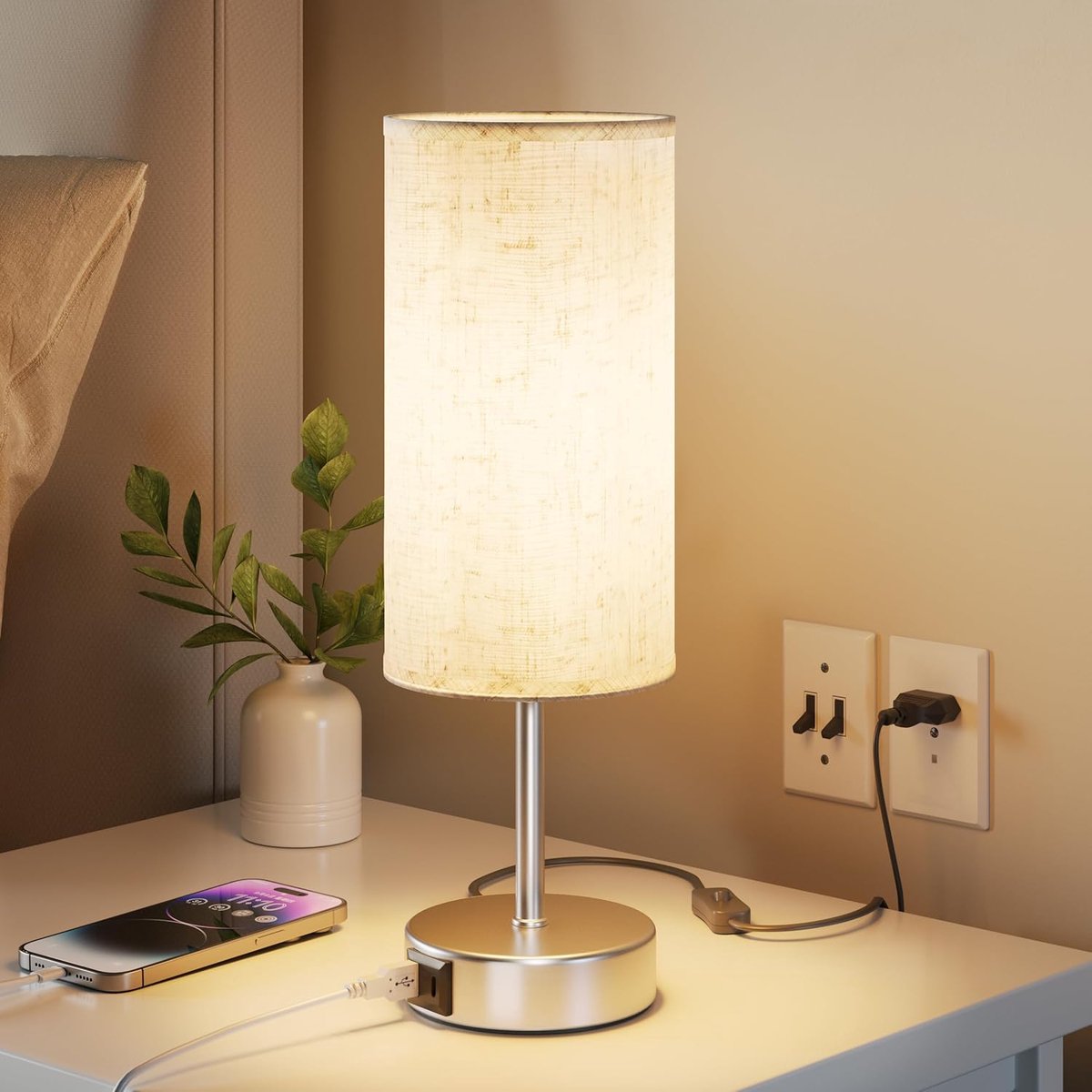 SnelShoppen - Touch Bedside Lamp met USB-A en USB-C Oplaadpoorten, Desk Lamp met 3 Dimbare Helderheidsniveaus, Linnen Lampenkap, Kleine Tafel Lamp, 1.