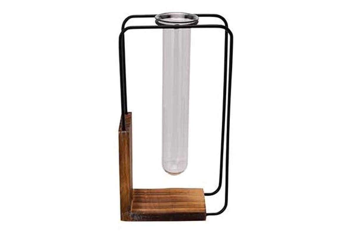 Vaas Glass Tube D3,5h15cm On Wood Zwart 10x5xh18,5cm Rechthoek Metaal