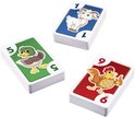 Drie stapels kaarten van Skip-Bo Junior: geit met nummer 1, eend met nummer 5 en haan met nummer 9.