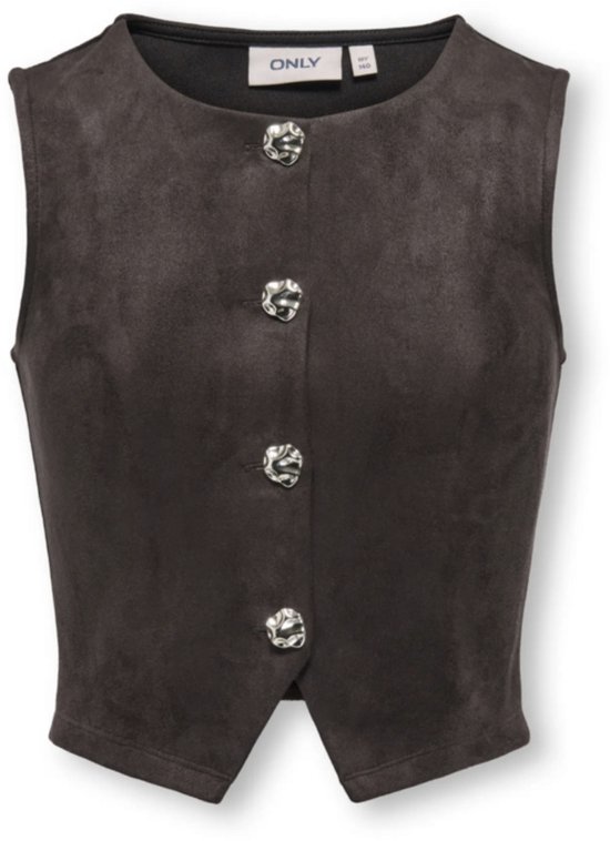 Donkerbruin suède-look gilet van ONLY met een ronde hals en zilverkleurige knopen aan de voorkant.