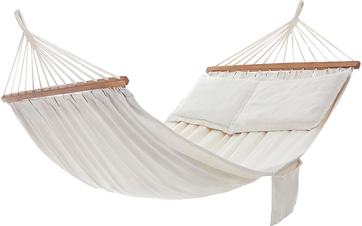 Hangmat met 2 houten stangen en kussens - belastbaar tot 300 kg - 210 x 150 cm - beige hangmat 2 person
