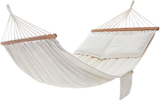 Hangmat met 2 houten stangen en kussens - belastbaar tot 300 kg - 210 x 150 cm - beige hangmat 2 person
