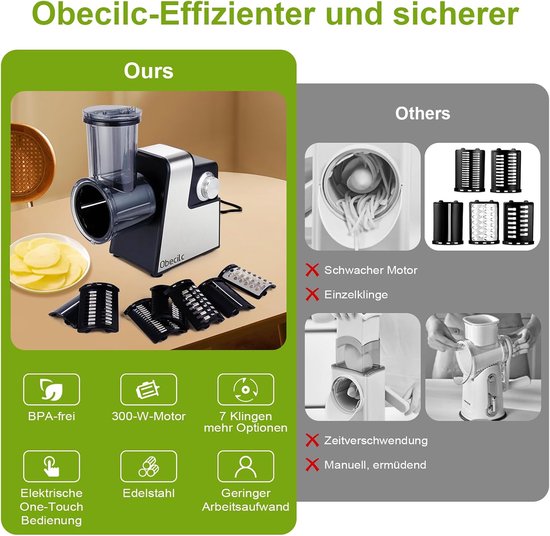Elektrische Kaasrasp - Groentesnijder Notenmolen - Snel Maaltijden Bereiden - 300W Turbomotor 7 Messen - 30H cm - Kaas — afbeelding 5