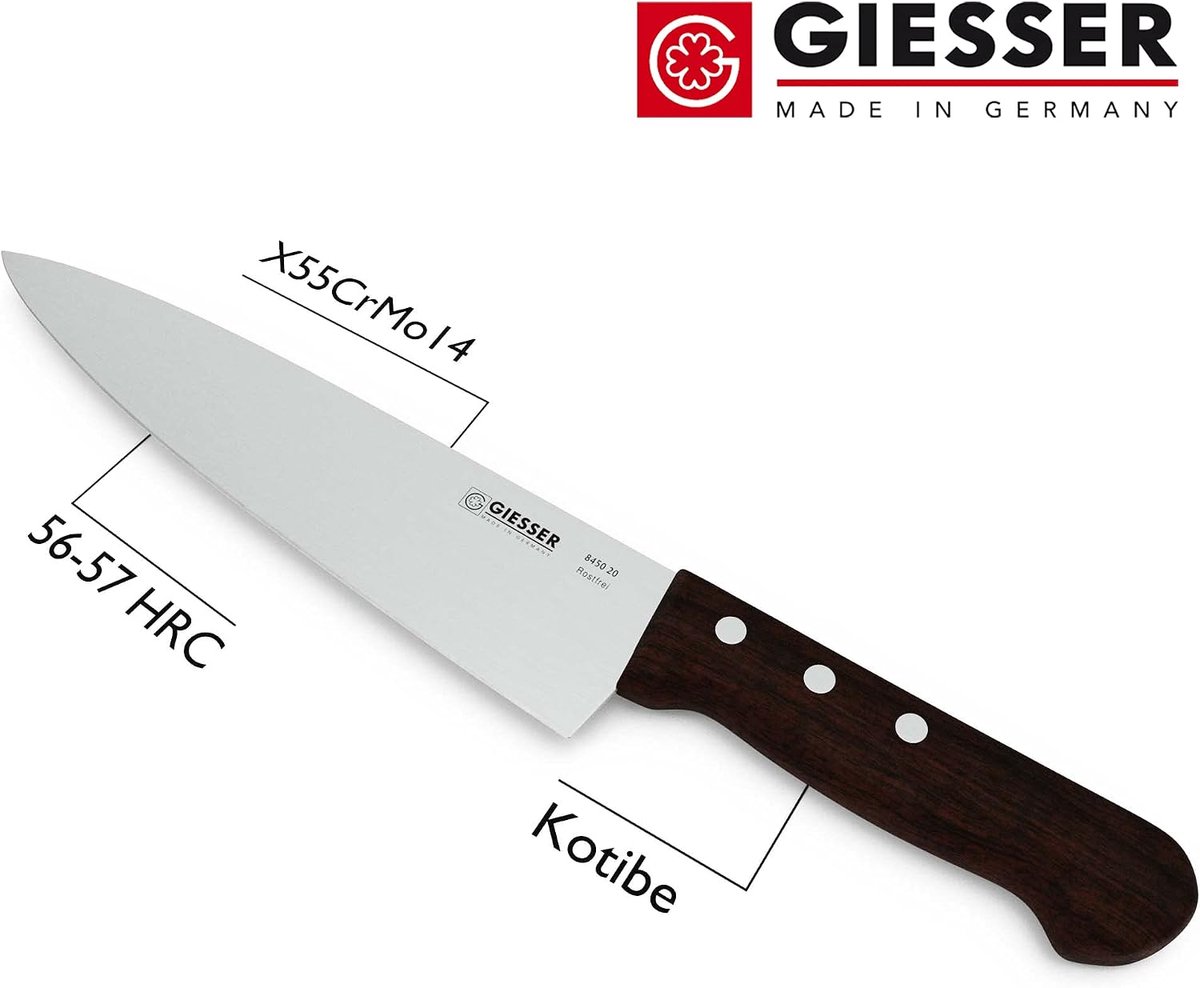 SnelShoppen - Koksmes 20 cm met Houten Handvat Antislip Kotibe - Roestvrij Staal, Scherp Keukenmes voor Koken en Bereiden - Professioneel Keukenmes