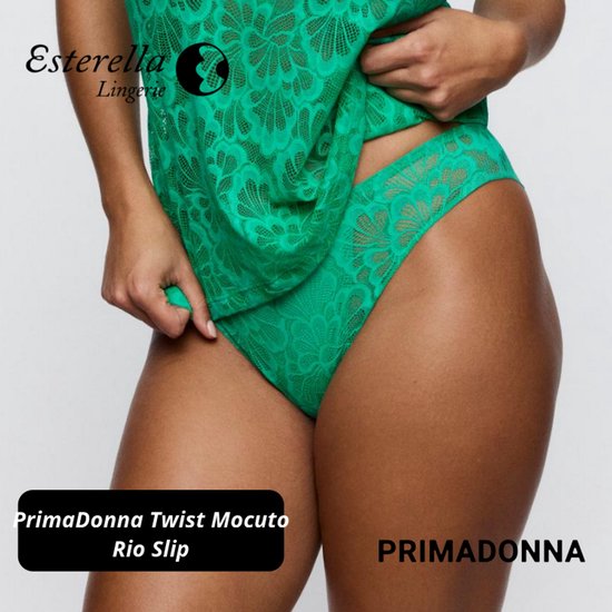Close-up van de groene kanten slip van PrimaDonna, met de tekst "PrimaDonna Twist Mocuto Rio Slip" en "PRIMADONNA".