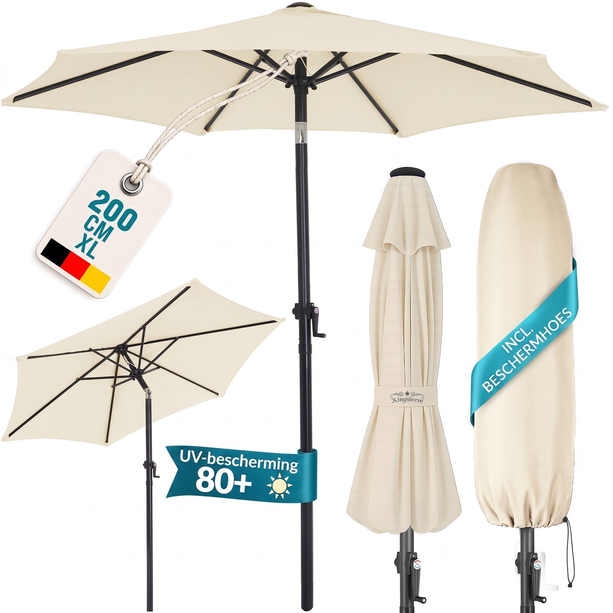 Kingsleeve Parasol 200cm - met Zwengel en Kantelmechanisme - Beige