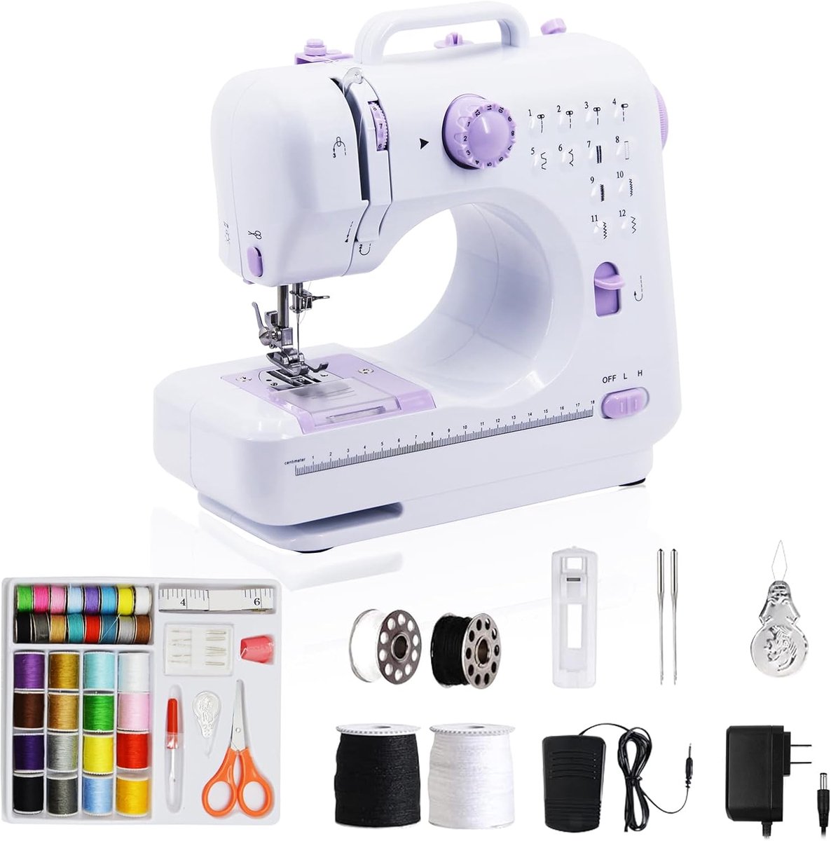 Mini Naaimachine - 12 Steekprogramma's - Met Voetpedaal en LED-Verlichting - Inclusief Naaiset - Voor Beginners