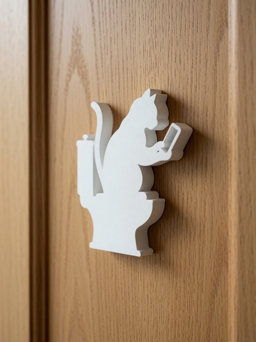 Toiletbordje Kat op WC met Telefoon – Grappig Wit Silhouet Deurbordje