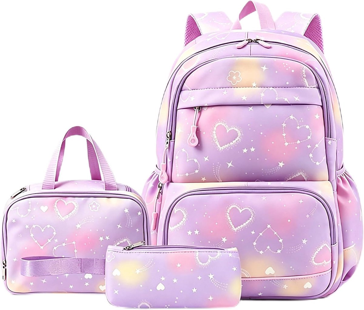Bobypet - 3-in-1 Rugzak Set met Hartjesprint - Grote Schooltas met Geïsoleerde Koeltas & Etui - Lichte Nylon Reistas voor Meisjes & Dames - Ergonomische Casual Rugtas voor School, Studie, Picknick & Reizen -Paars