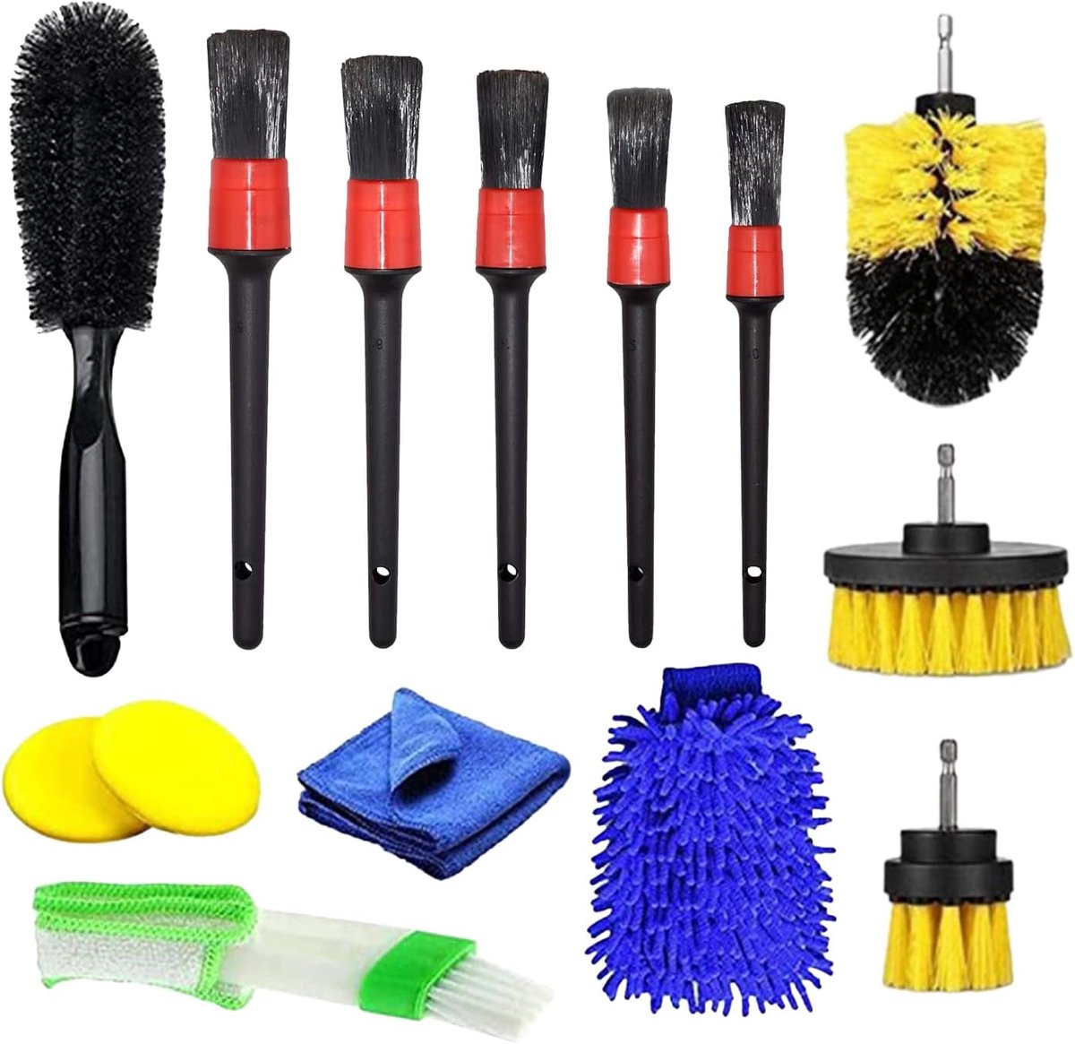 14-delige autoreinigingsset – Set detailingborstels – 5 reinigingsborstels – 3 opzetborstels voor de boormachine – 2 autowassponzen – Microvezel-washandschoen – Reinigingsborstels voor auto-detailing – Geel