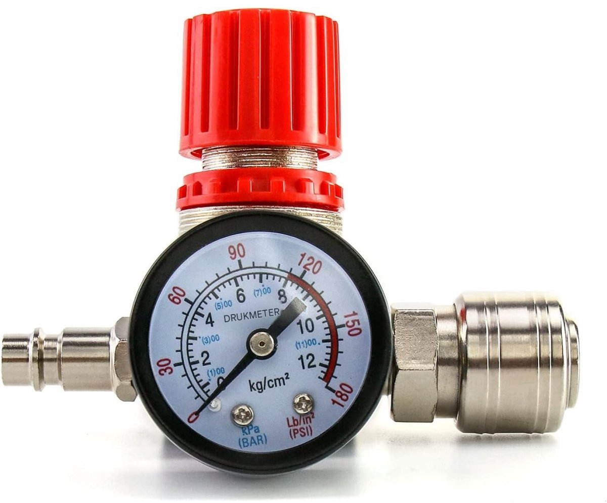 SSTRWGOOD Drukregelaar - Luchtdrukregeleenheid met Manometer - 1/4 Inch EU-Standaard, 180 PSI / 12 Bar, 4 Aansluitingen - Eenvoudig Instellen en Aflezen - Geschikt voor Luchtcompressoren - Kunststof en Metaal Constructie