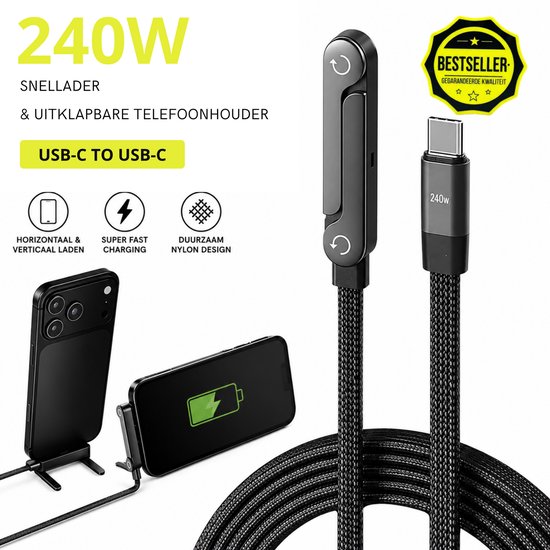 Zwarte kabel met 240W snelladen en inklapbare standaard. Toont smartphone rechtop en liggend. 'Bestseller'-zegel en 'USB-C naar USB-C' vermeld.