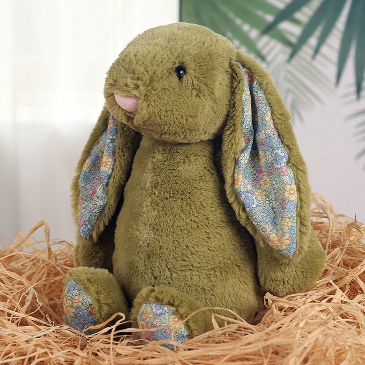Casalora Knuffel Konijn Pluche - 35CM - Groen Bunny Met Bloemenoren - Voor Pasen en Kinderen Troostknuffel