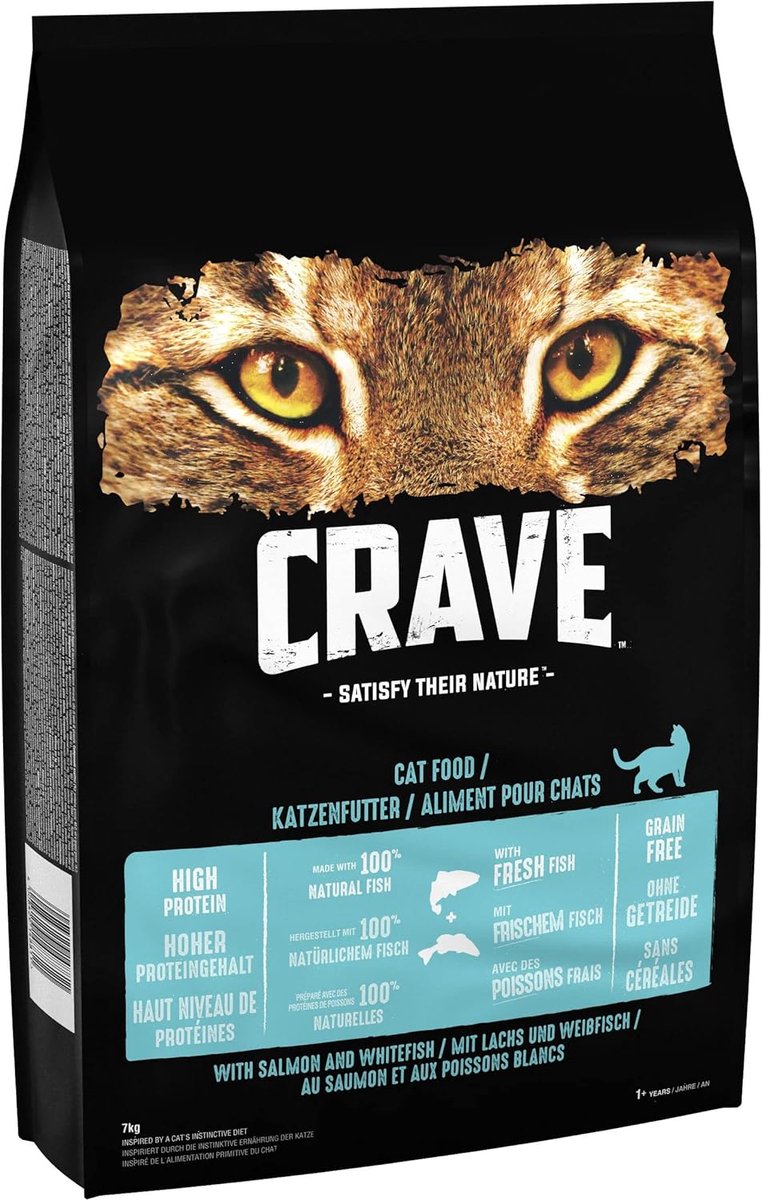 SnelShoppen - Crave Kattenvoer Zalm en Witvis 7 kg - Hoogwaardige Droge Voeding voor Volwassen Katten - 100% Natuurlijke Ingrediënten - Eiwitrijk Zond