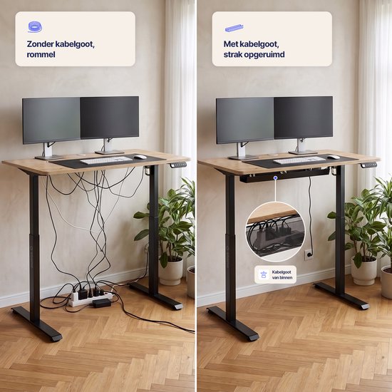 Vergelijking van het bureau zonder en met kabelgoot. Links: kabels rommelig, rechts: kabels netjes weggewerkt.