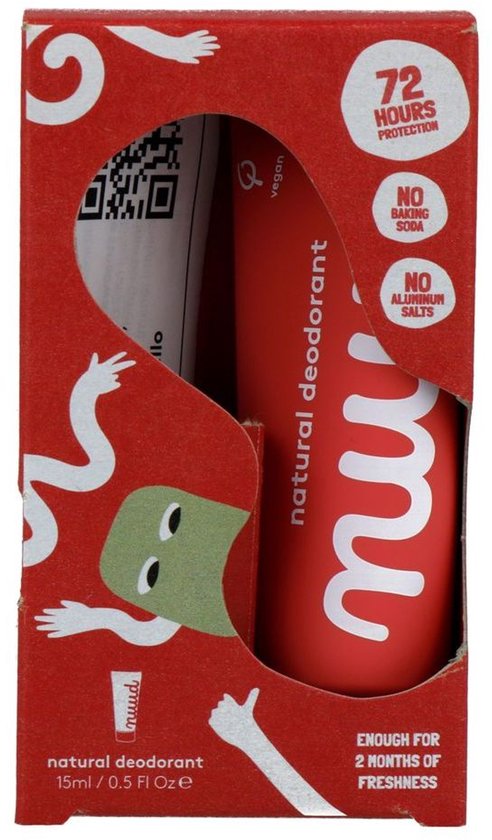 Rede verpakking met opening voor rode tube natuurlijke deodorant van nuud. "72 hours protection" is zichtbaar.
