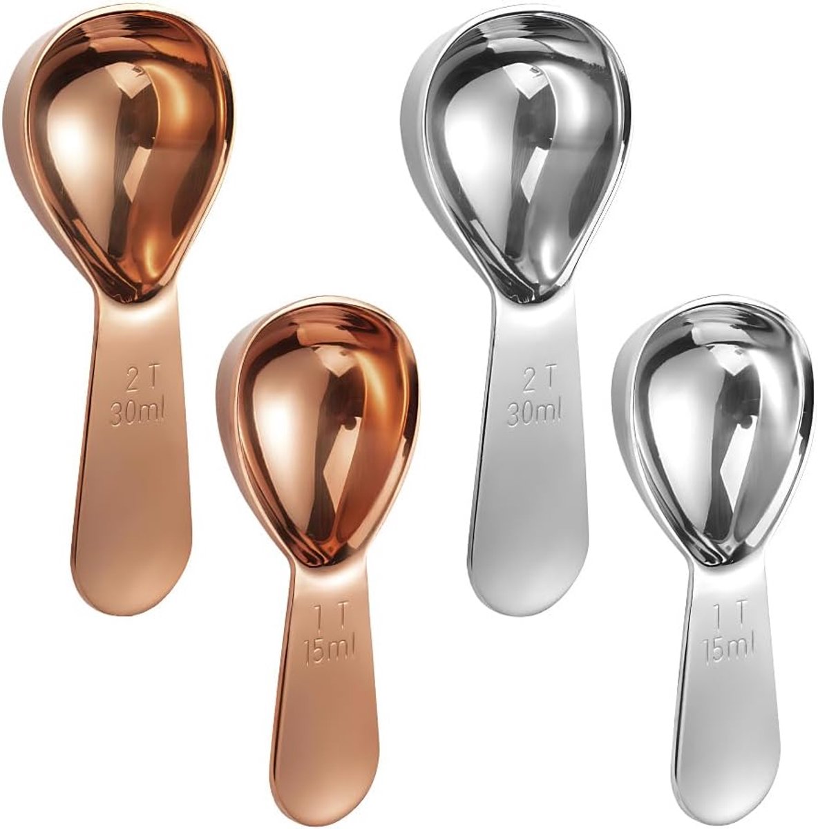 4 Stuks Maatschep met kort handvat,voor het afmeten van koffiebonen | 304 roestvrij staal,zilverkleurig+roségoud,2 maten,15 ml + 30 ml, duimuitsparing in het handvat van de lepel