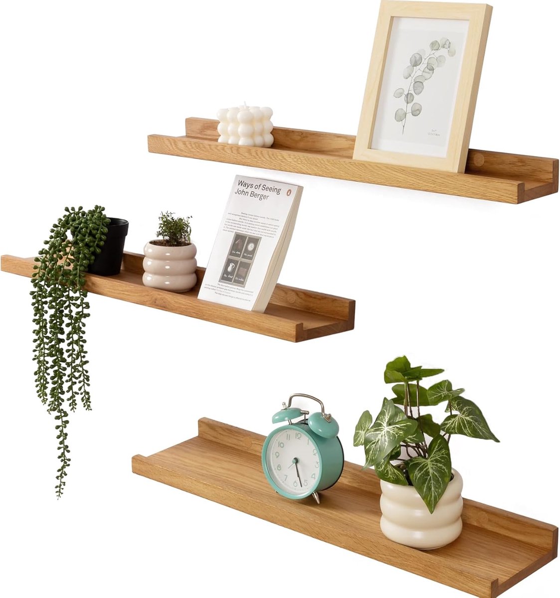 Drijvende planken, 90 cm massief eiken planken set van 3 rustieke wandplanken wandmontage foto rand met lip voor woonkamer, keuken, slaapkamer 90x10/12/15cm