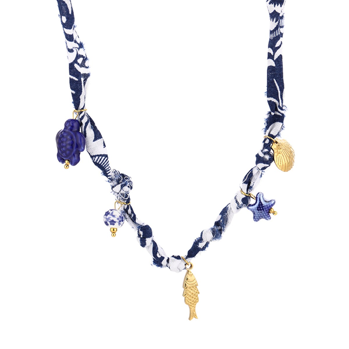 Gevlochten Stoffen Ketting met Maritieme Bedels – Bedel Ketting Strand - Beach – RVS - Blauw