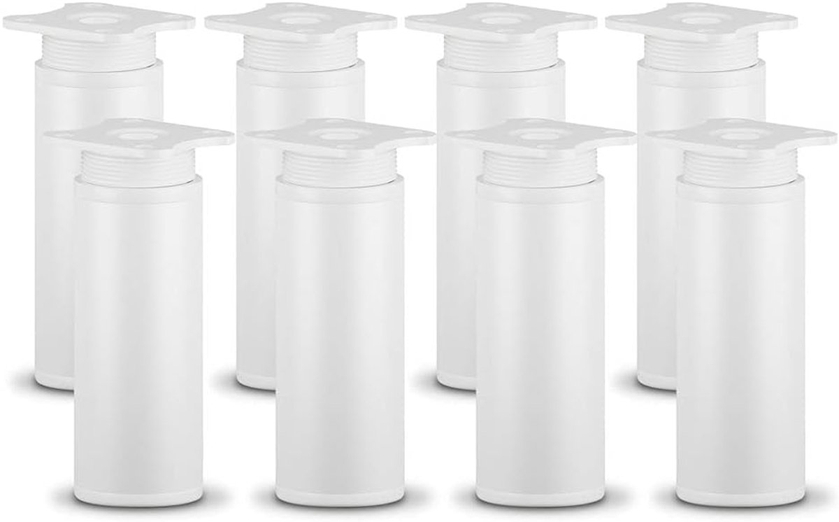 Poten, set van 8 stuks, in hoogte verstelbaar, wit, H 100 mm, rond profiel, model MFR1, voor kasten en meubels