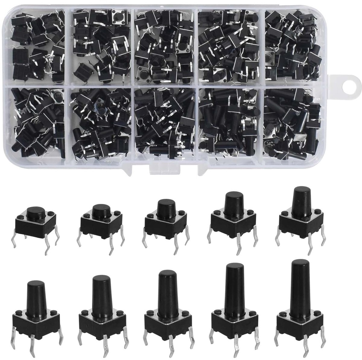 200 stuks Touch-knopschakelaars, micro-assortment tact assortiment 4-polig, micro-touch-schakelaar, momentane aanraakschakelaar, 6 × 6 × 4,5/5/6/7/8/9/10/11/12/13 mm