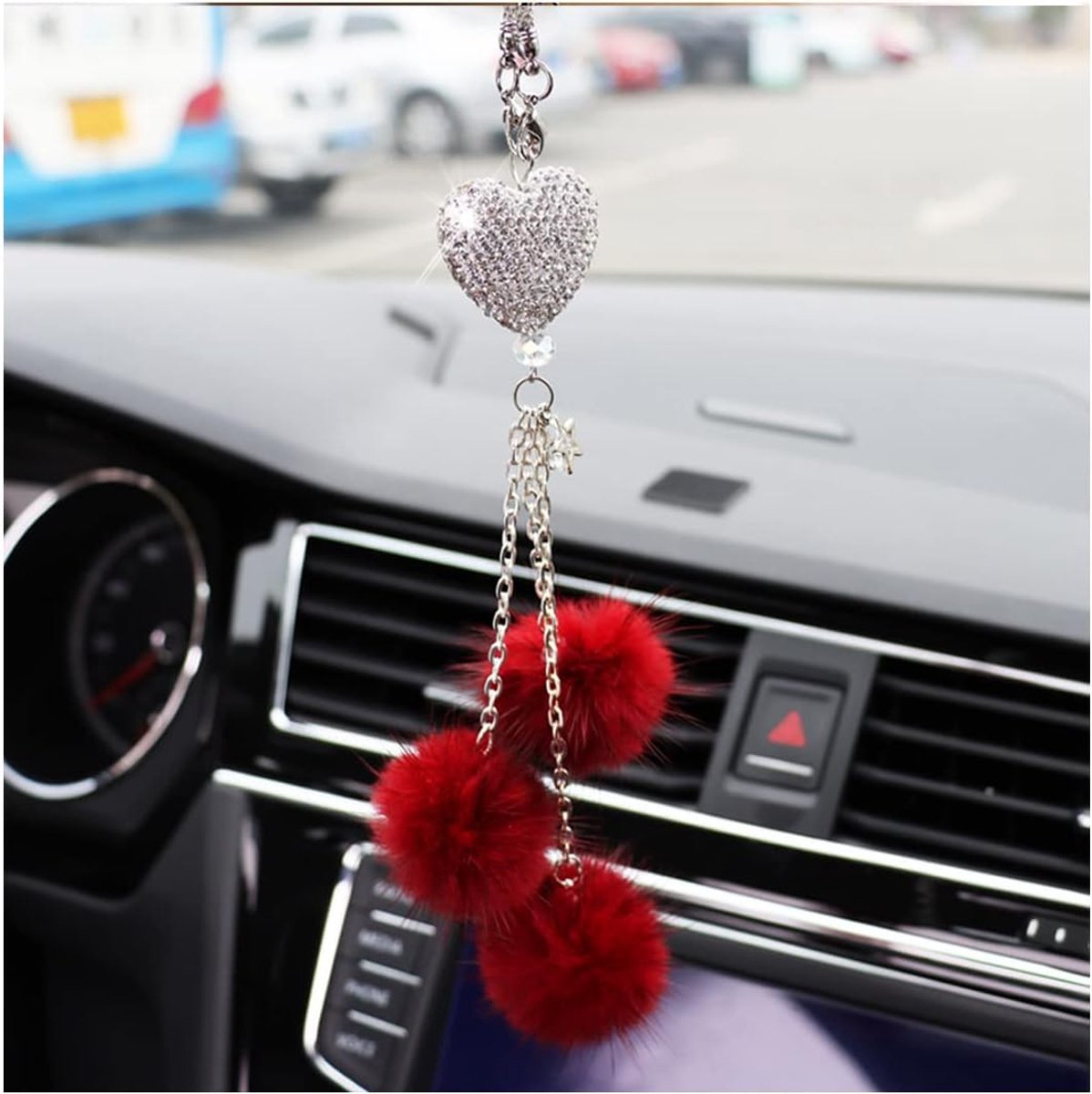 Diamant Hartvormige achteruitkijkspiegel accessoires, bling kristal auto universele hanger bedels, auto kristal interieur decoratie veer ornament voor vrouwen (wijnrood)