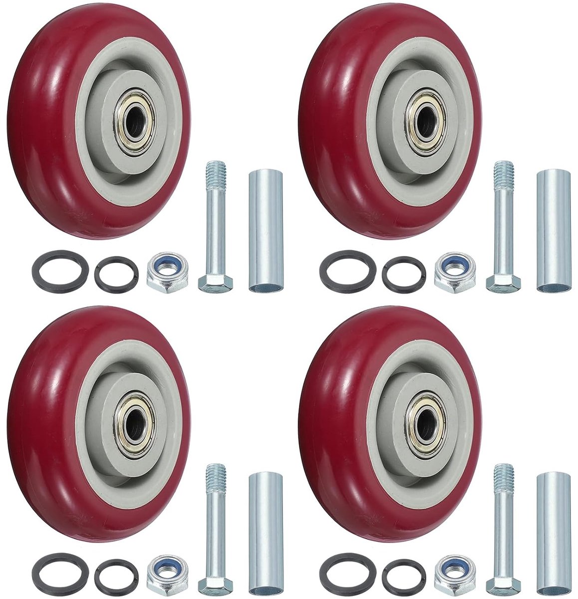 Vervangende wielen voor trolleys van 10,2 cm, nylon, met boring van 3/8 inch, draagvermogen van 100 kg, voor meubels, kruiwagen, 4 stuks, rood