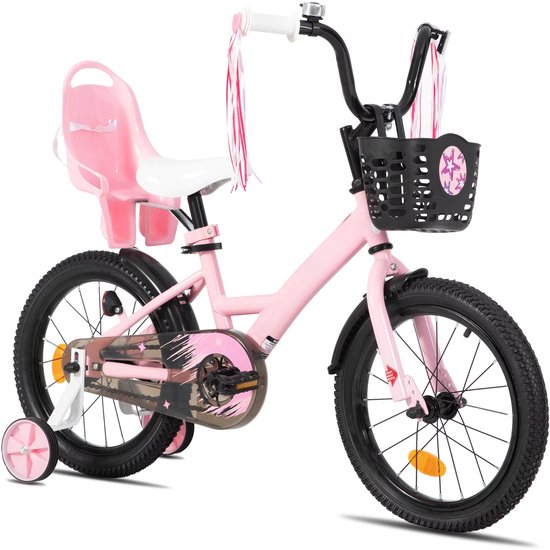Kinderfiets - Voor meisjes 3–10 jaar - Met zijwieltjes, streamers, mand en poppenzitje - Black-20 Inch — afbeelding 2